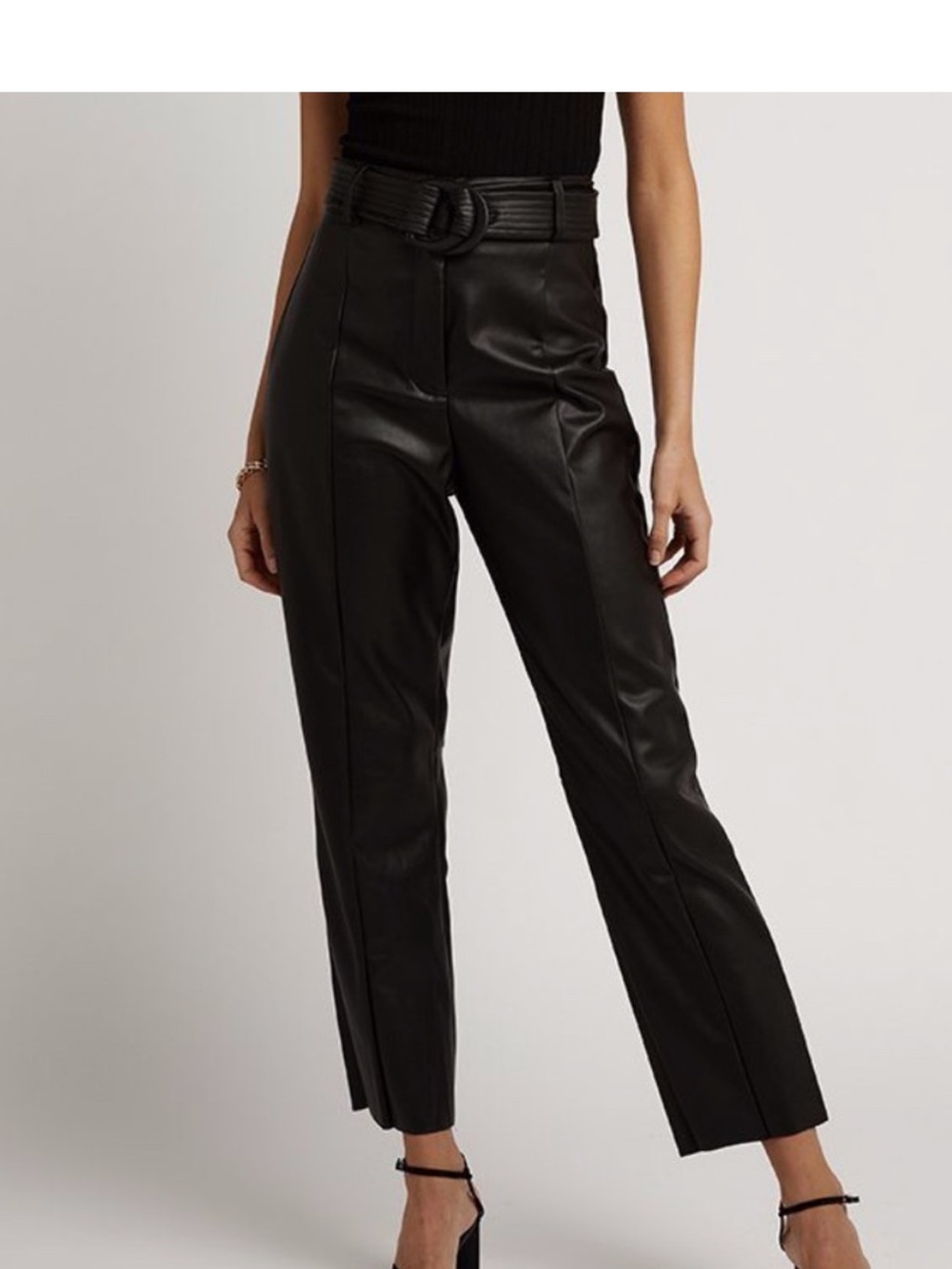 DISSH Black Faux Leather Cropped Pants with Belted Waist Aus 14 / US 10